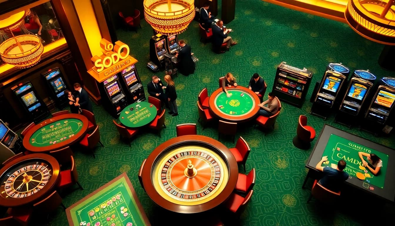 Experience the thrill of SODO CASINO with players at elegant tables, colorful chips, and vibrant slot machines.