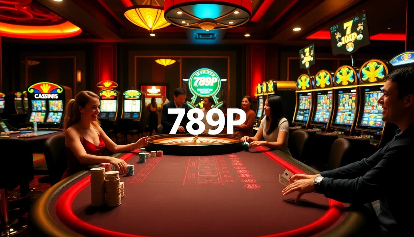 Join the excitement of 789P casino with players enjoying poker and vibrant slot machines.
