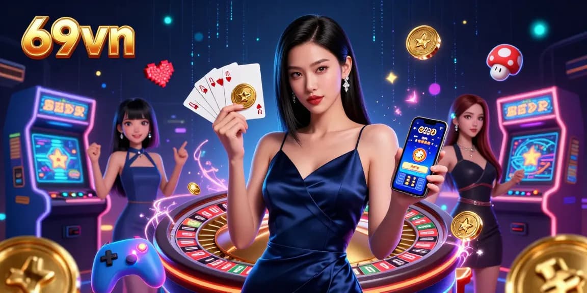 Winning big at 69vn with a confident player showcasing casino skills amidst vibrant neon elements.