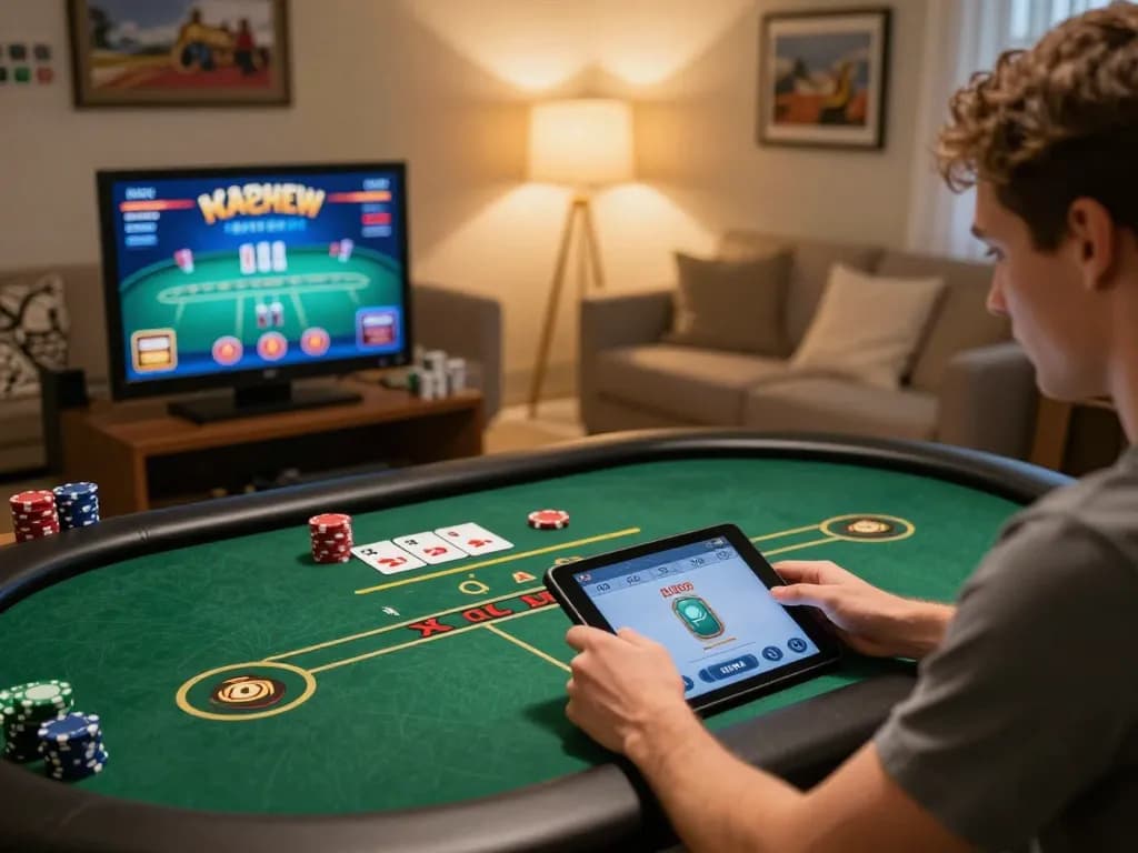 Player engaging with jun88 poker app, showcasing online gaming dynamics in a cozy home setup.
