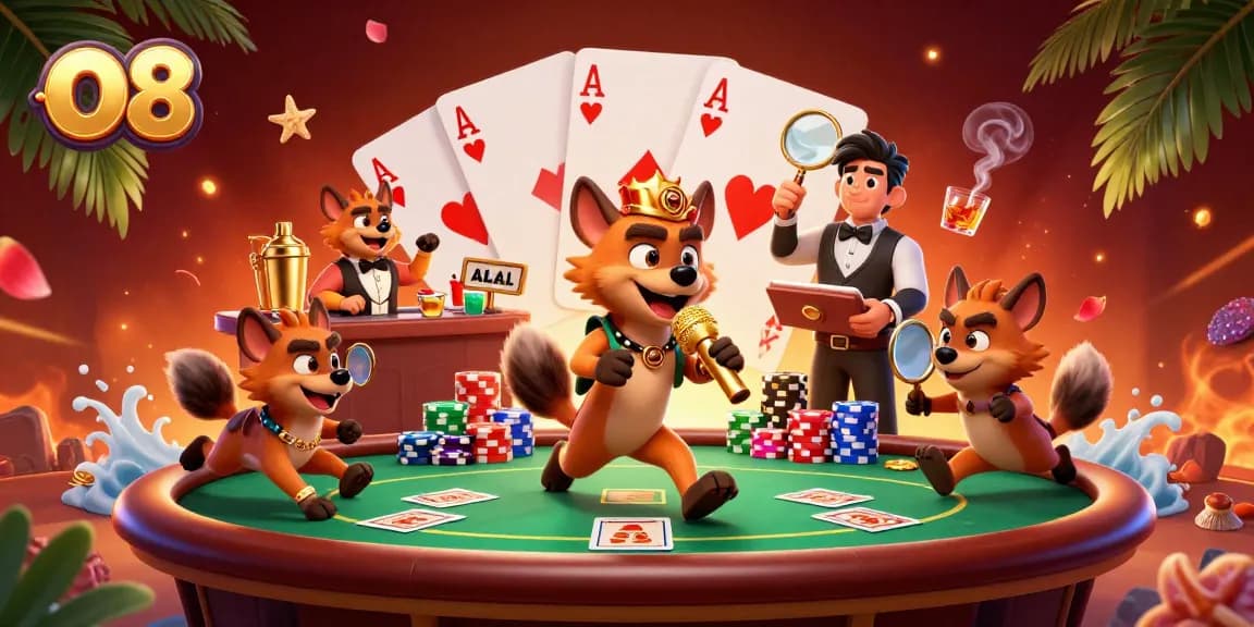 Experience thrilling casino excitement with O8's vibrant hyena characters in a lively gambling scene.