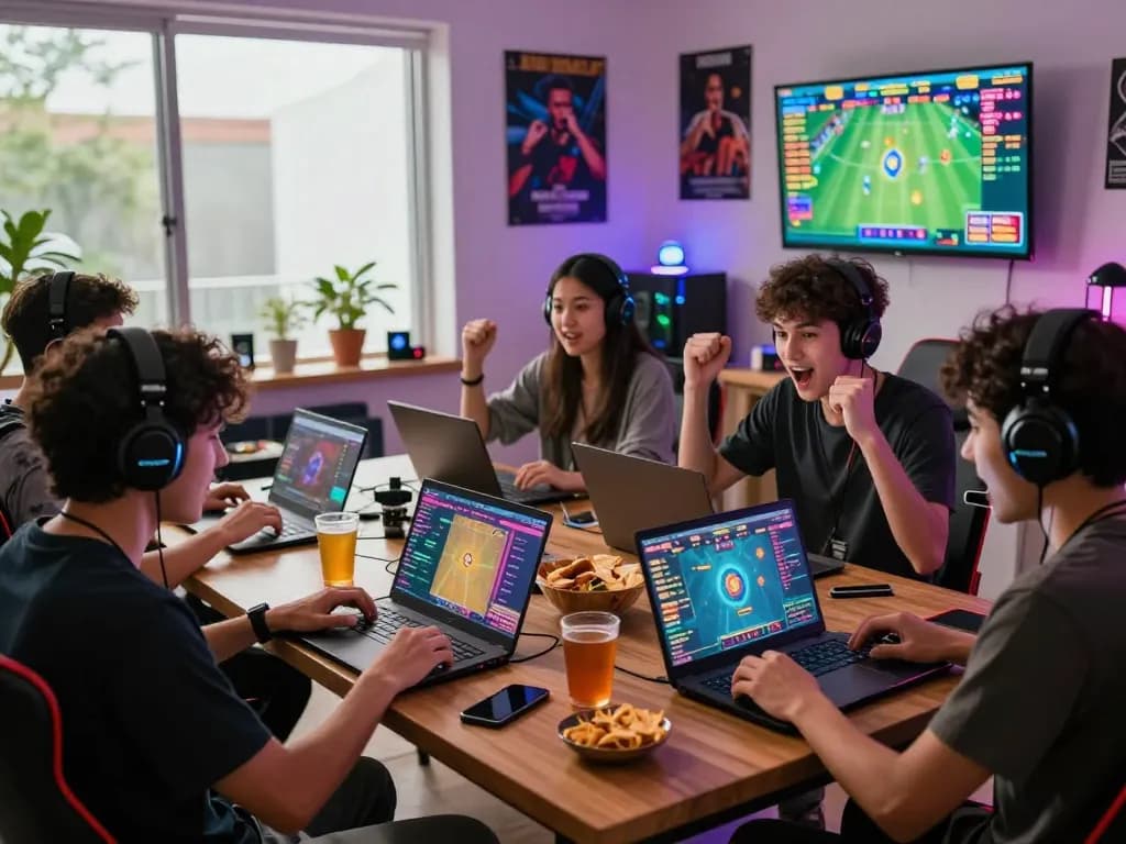 Friends enjoying lô đề online gaming together with laptops and vibrant visuals in a cozy room.
