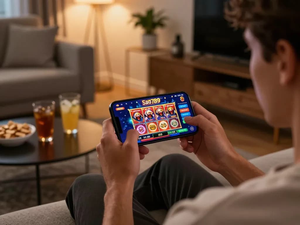 Sao789 mobile gaming experience on smartphone, relaxing couch atmosphere with engaging betting interface