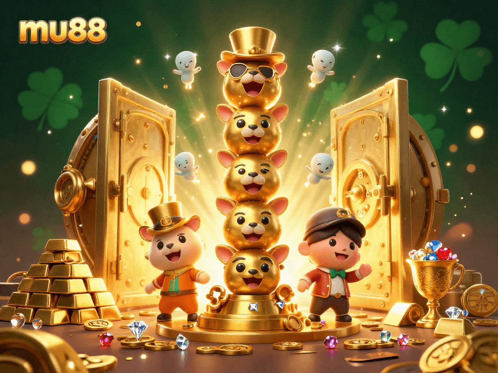 Engage with mu88's vibrant casino scene featuring a golden totem and treasures.