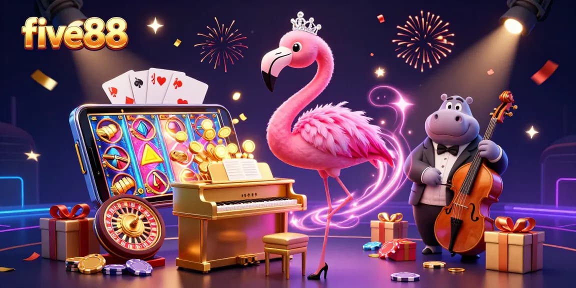 Experience the excitement of five88 with vibrant slot games and lively characters in a spectacular casino scene.