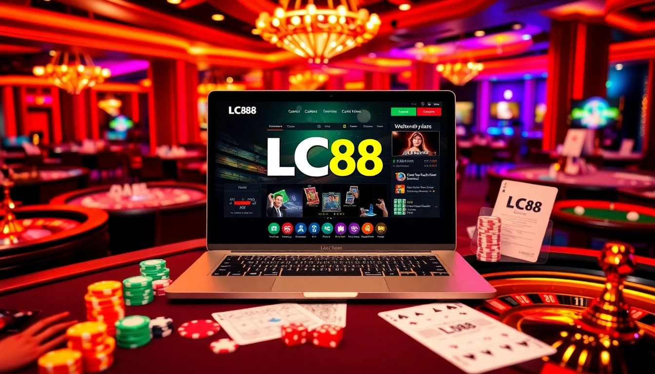 Gambling excitement at LC88 casino with vibrant tables, cards, and online interface.