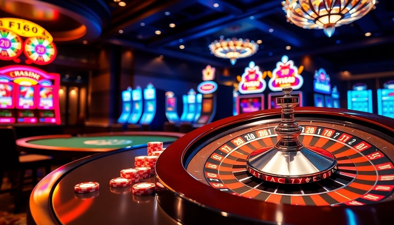 Experience the thrill of F168 casino with players engaged in high-stakes poker, showcasing vibrant poker chips and a roulette wheel.