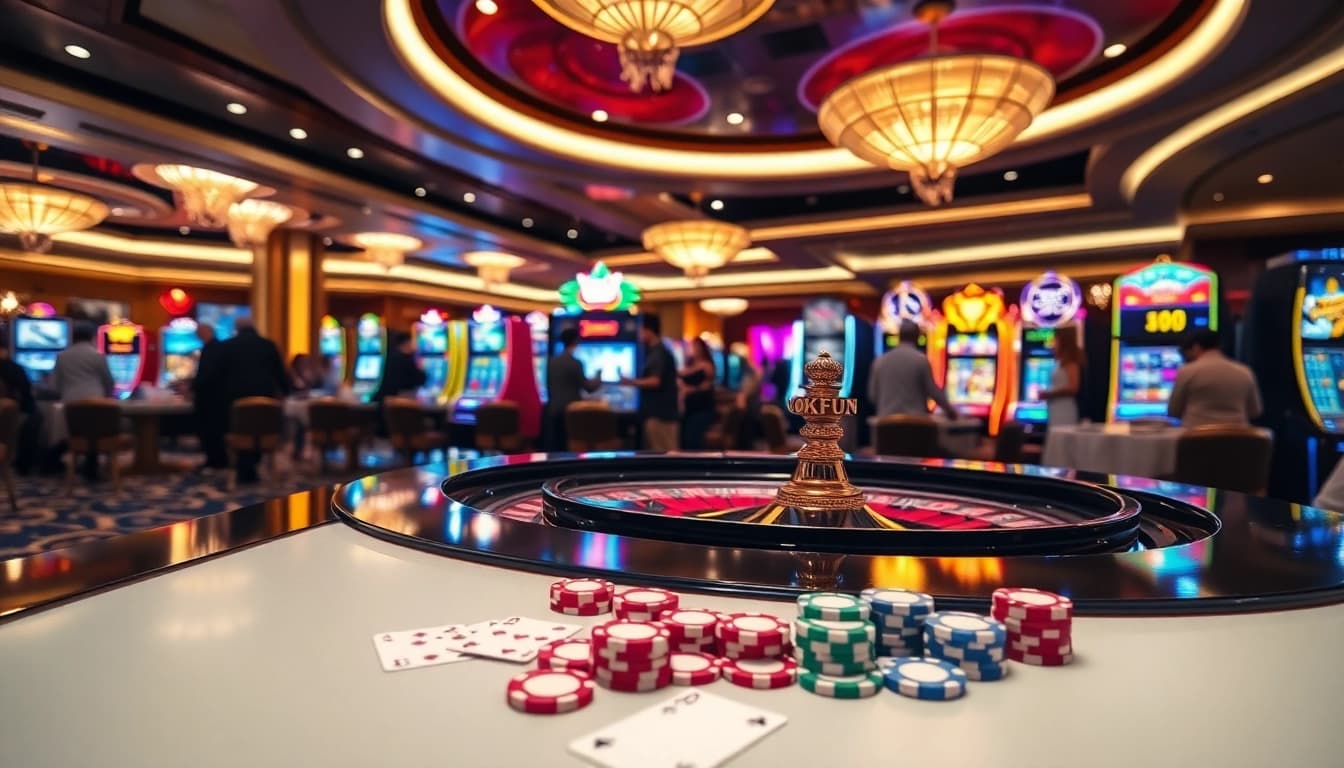Engage in high-stakes gaming at OKFUN's luxurious casino atmosphere with roulette and slots.