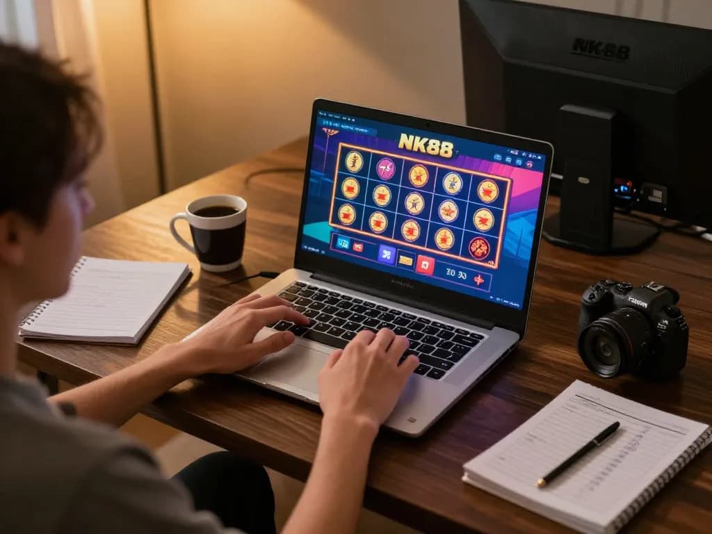 Engaging in online gaming at NK88 with vibrant casino interface on a laptop in a cozy setting
