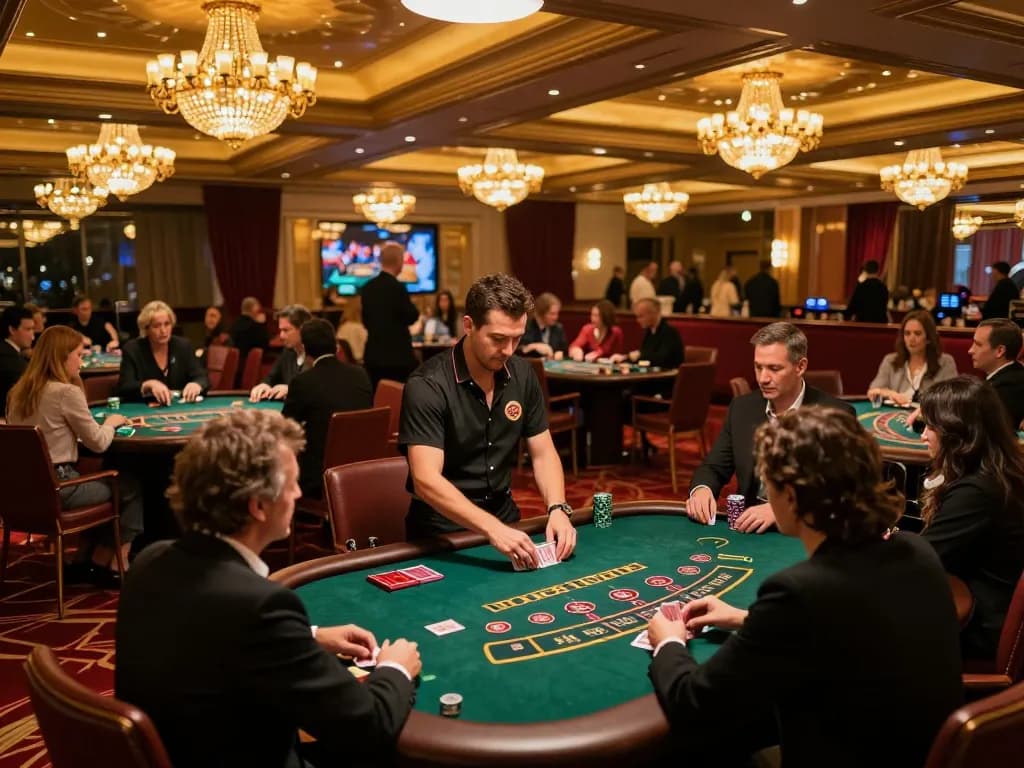 Active game of blackjack at nhacaiuytinn casino showcasing engaged players and dealer.
