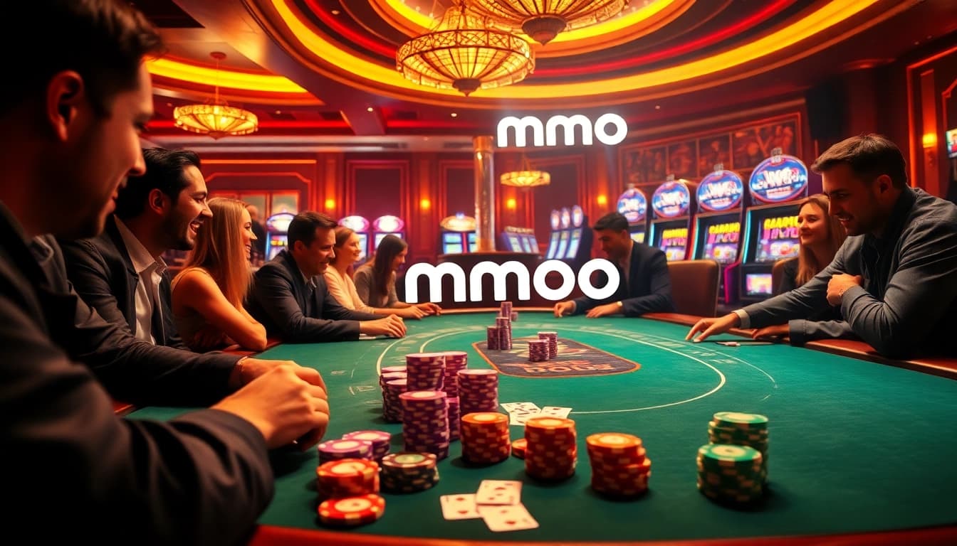 Players enjoy a thrilling poker game at MMOO Casino, surrounded by excitement and luxury.