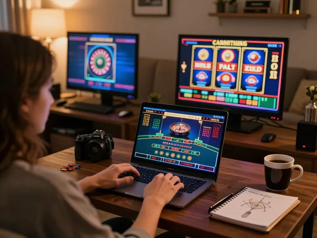 Player engaging with FC88 online casino games at a modern home setup, showcasing live dealer blackjack and exciting slots.
