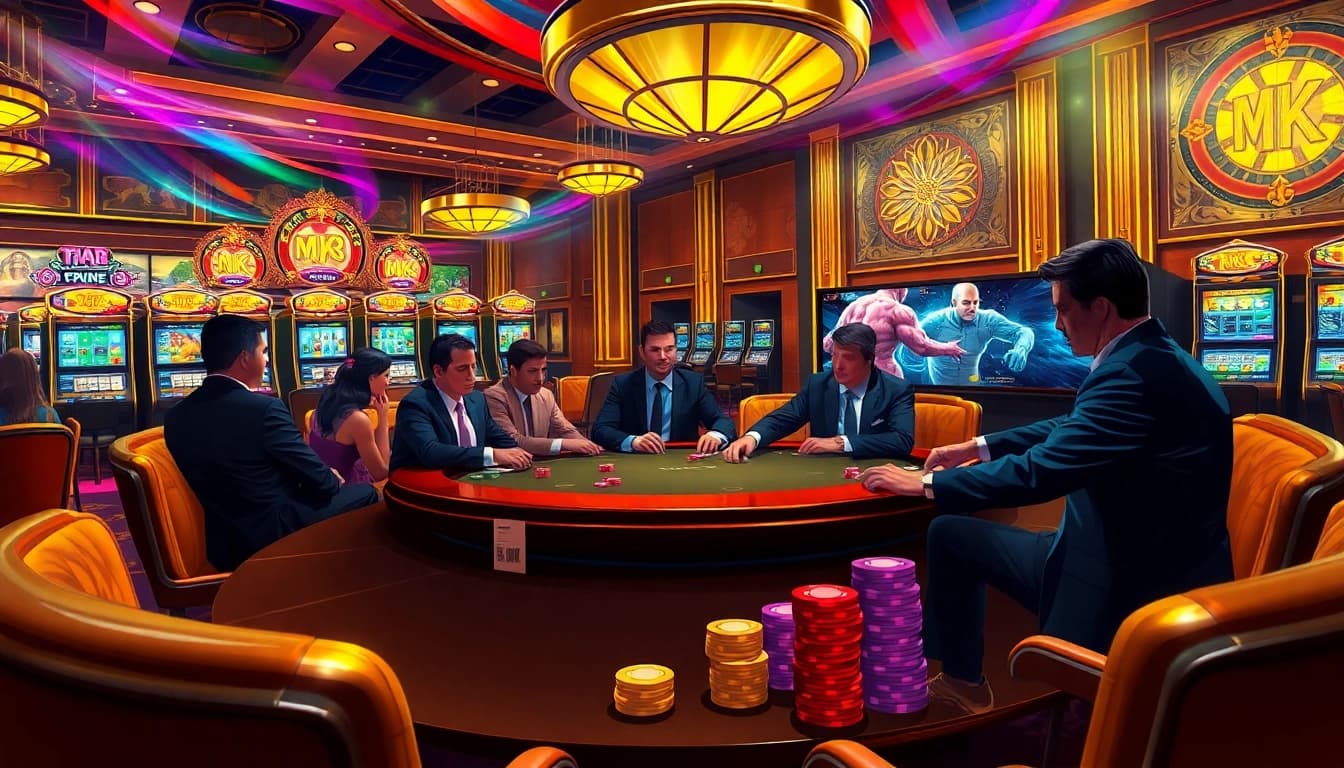 Players enjoy an intense poker game in a luxurious casino featuring MK8 themed gameplay.