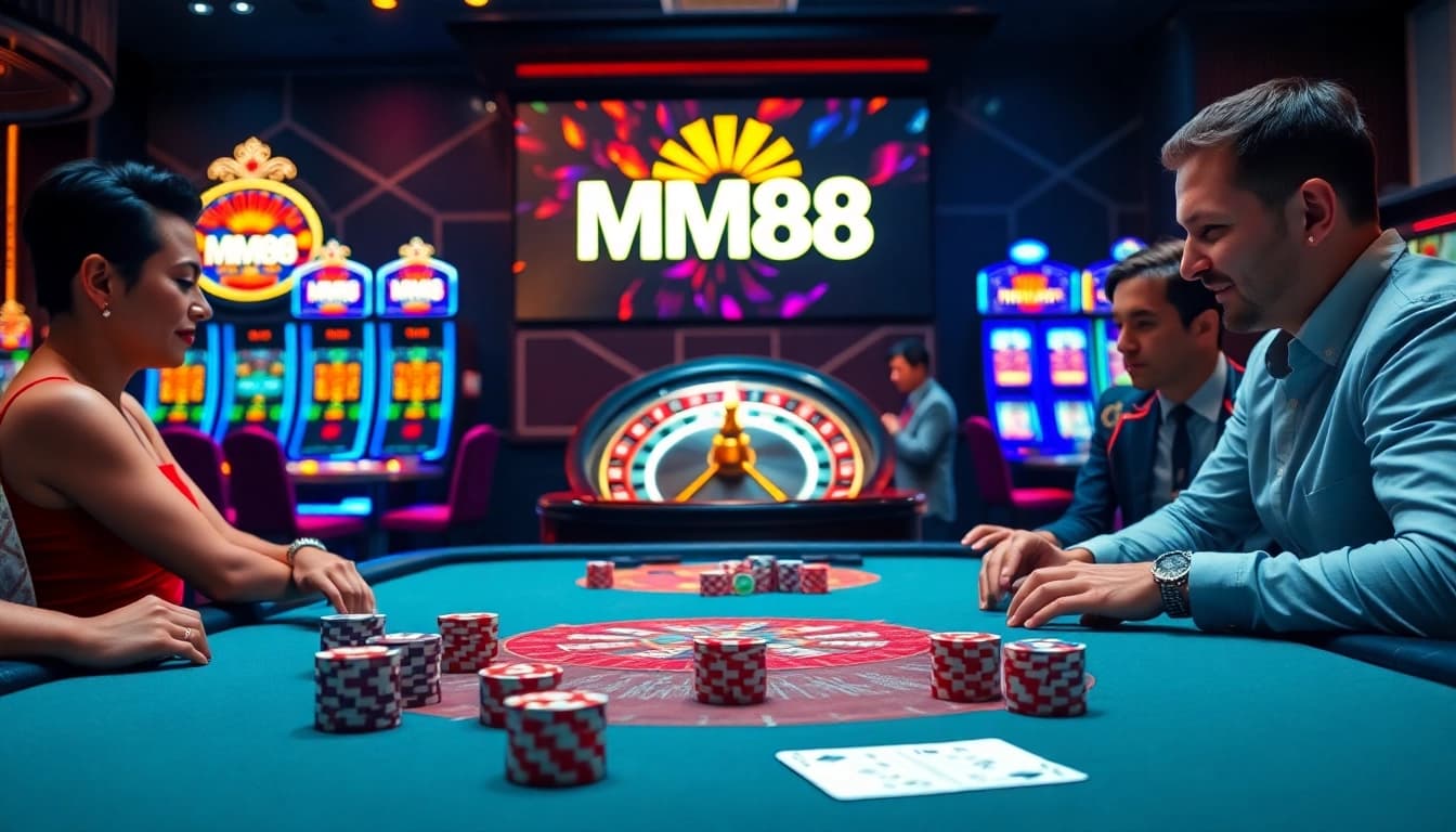 MM88 players enjoying an exciting game at a luxurious casino table.