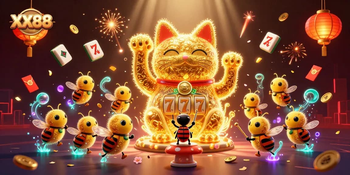 Engage with thrilling XX88 slot gameplay visual featuring a lucky cat and dynamic casino symbols.
