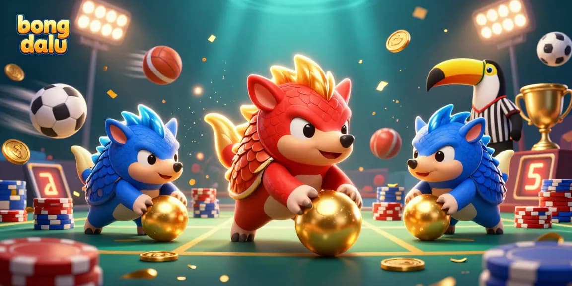 Bong da lu showcases thrilling sports scenes with vibrant pangolins, glowing trophies, sports balls, and dynamic casino elements.