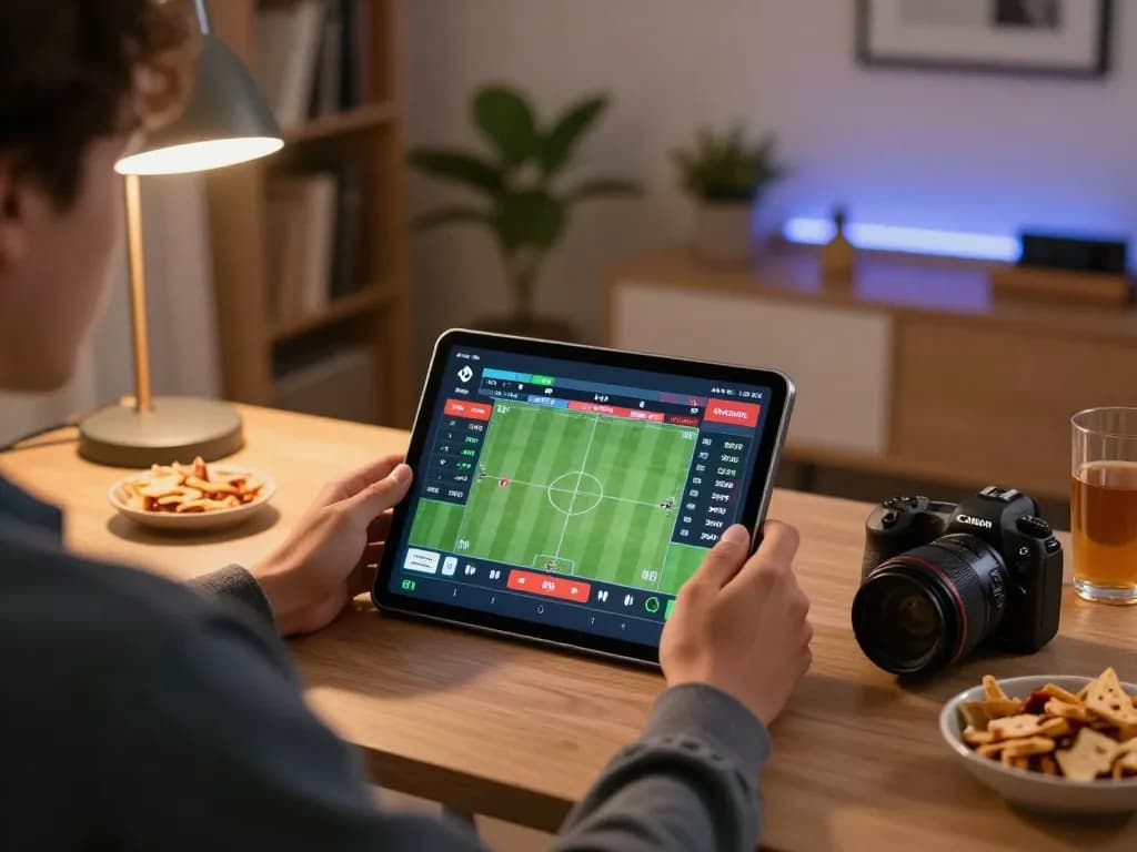 Betting on sports using a tablet with 1gom odds visible on screen in a cozy home setting.
