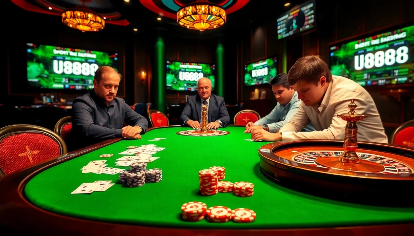 Poker players engaging in a thrilling game at a casino table with UU8888 betting options displayed.