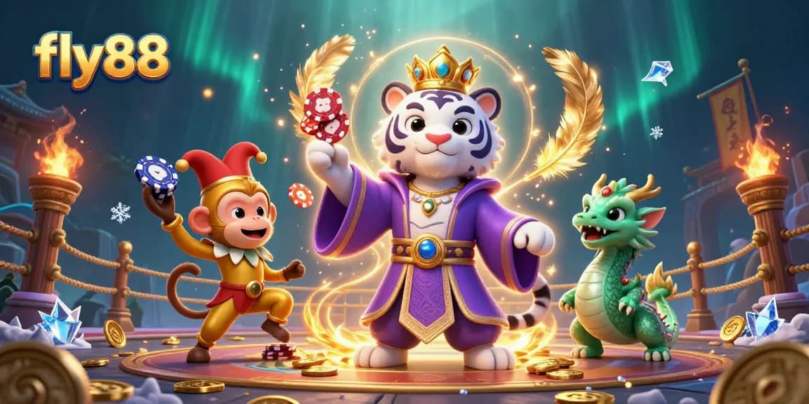 Experience excitement with fly88 at a vibrant casino-themed illustration featuring a dynamic tiger and monkey.