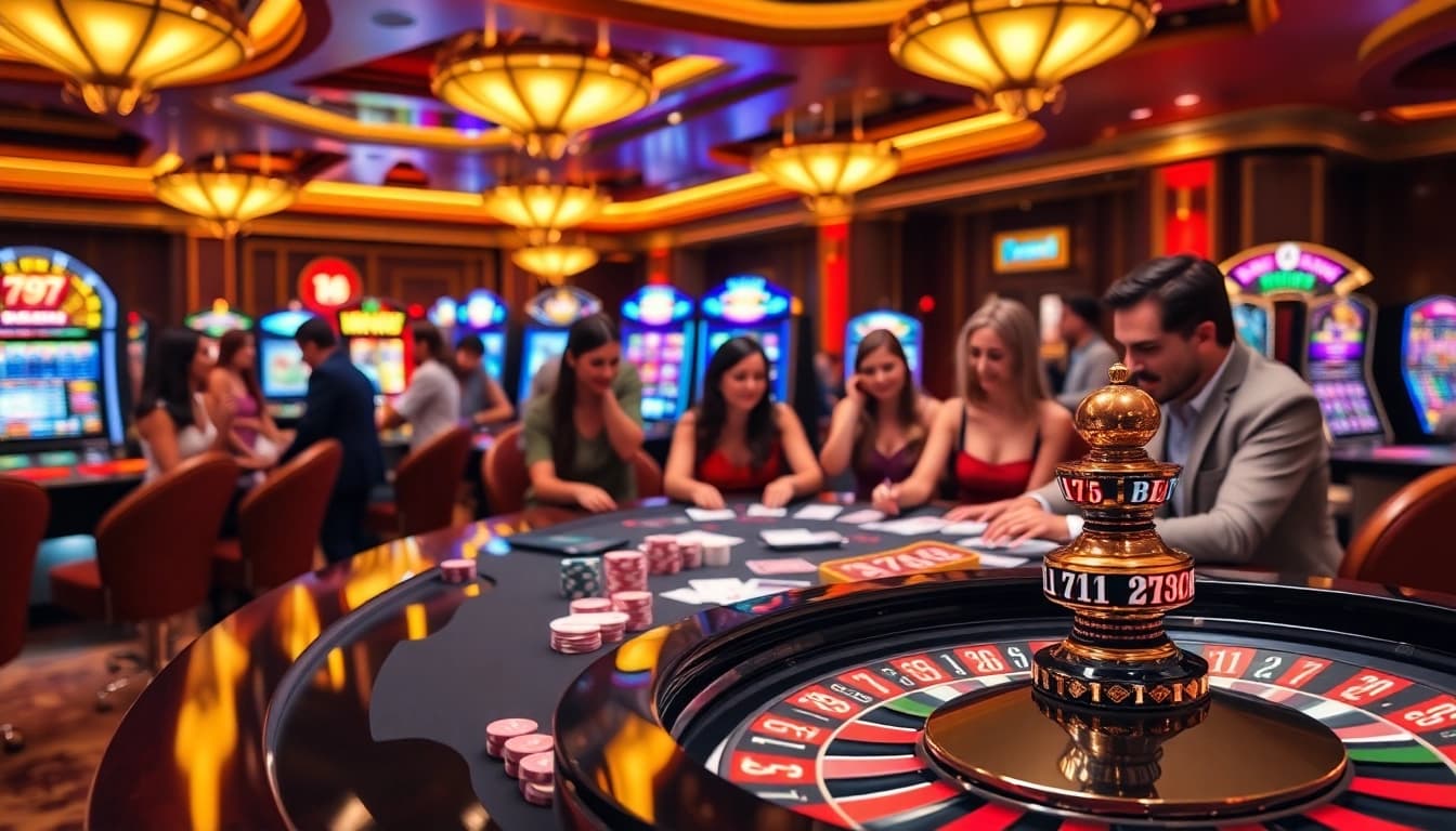 Experience the thrill of gambling at 789BET's luxurious casino with vibrant tables and excited players.