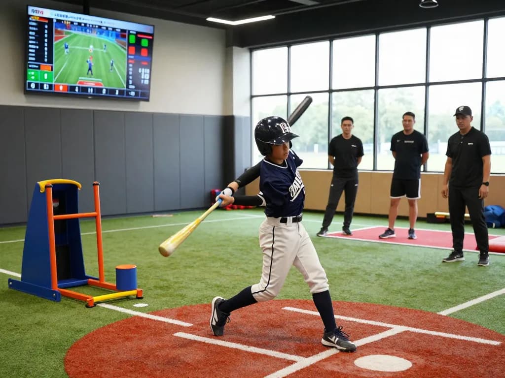 Hitclub baseball training scene with young athlete perfecting swing