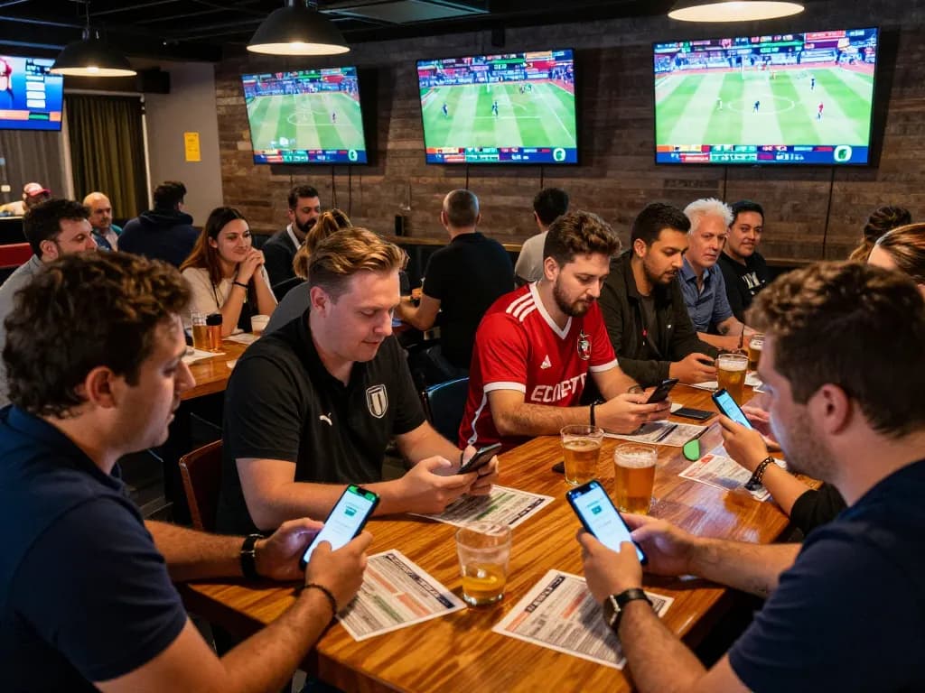 ZBET patrons engaged in active sports betting at a lively venue, excitement palpable in the social atmosphere
