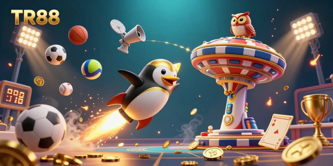 Experience the excitement of TR88 with a golden penguin flying through a casino-themed space illustration.