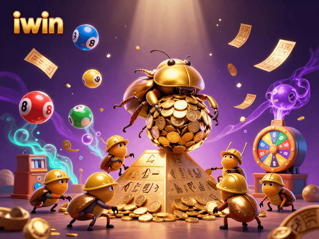Engage in the world of iwin as colorful lottery balls burst around a golden beetle and vibrant casino symbols.