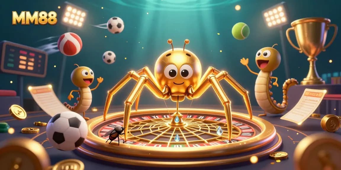 Bet on MM88 with a vibrant scene featuring a golden spider web roulette wheel and dynamic sports elements.