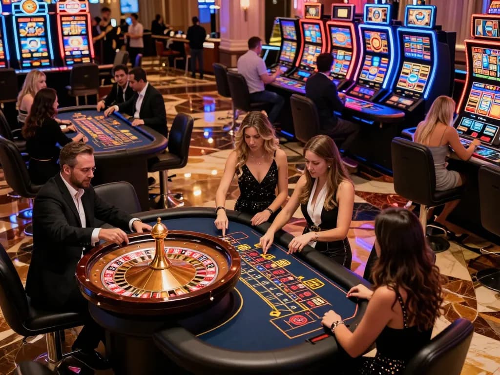 Experience the thrill of gaming at https://da88at.com/ with players at roulette and slots in a lively casino.