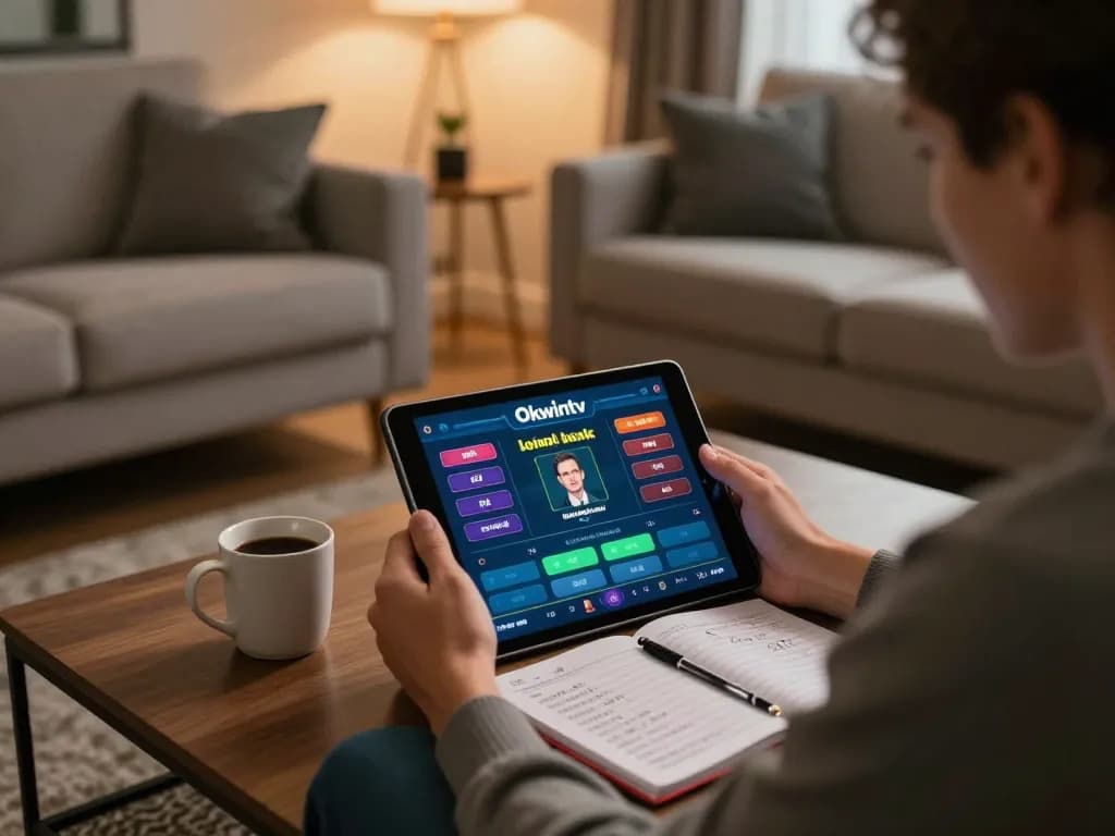 Okwintv user engaging in online gambling on tablet with strategic notes