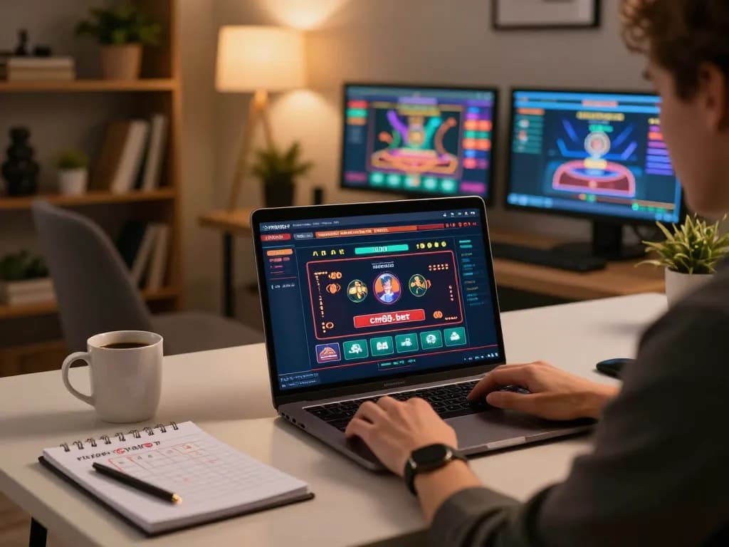 Person using cm88-bet on laptop, showcasing live dealer casino gaming at home.