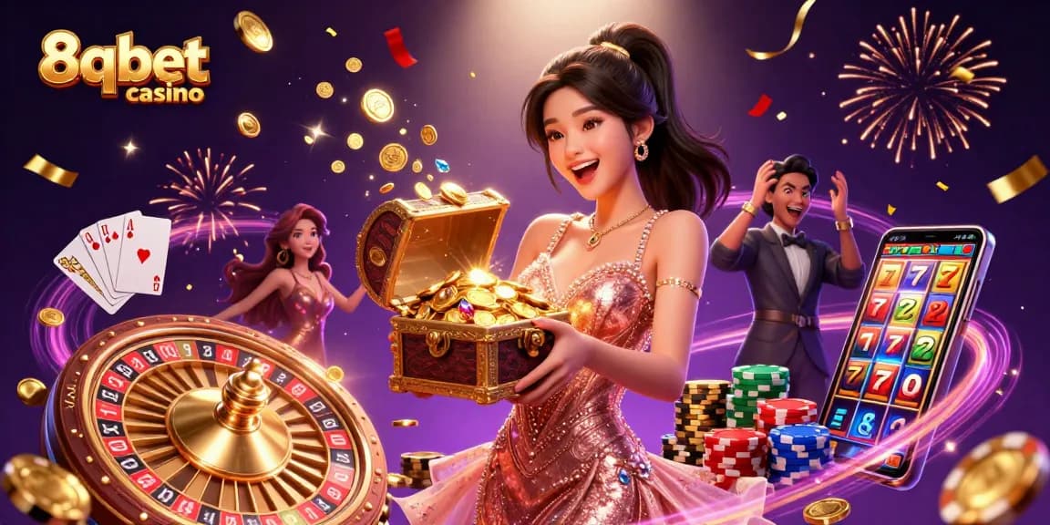 Experience excitement at 8qbet casino with a joyful Asian woman unveiling treasures amid cascading golden coins.