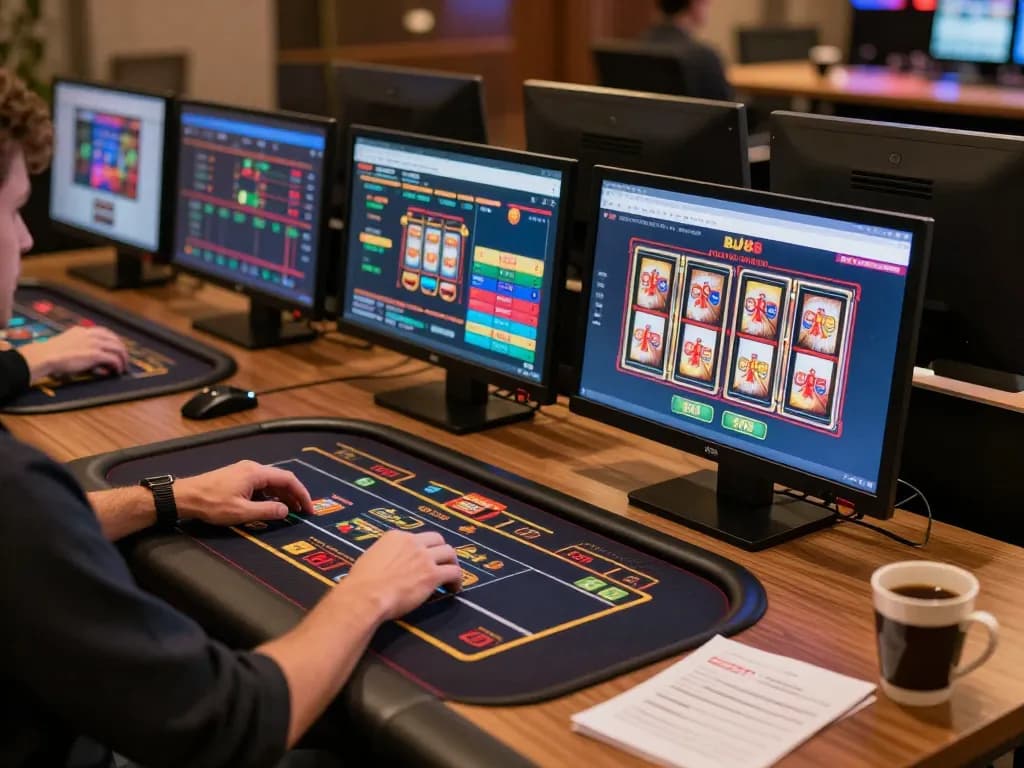 Engaging in BJ88 online gaming with multiple screens and warm lighting in a stylish setup