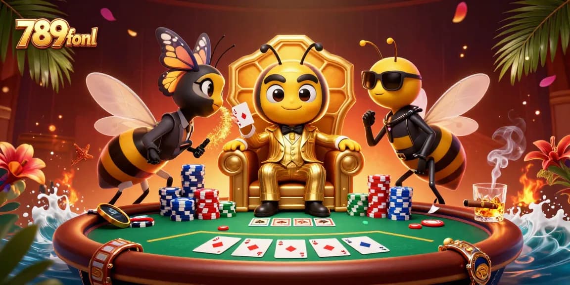 Play poker with style at 789fonl, featuring a bumblebee mob boss and vibrant casino elements