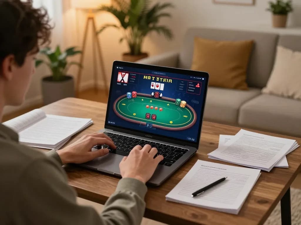 Player enjoying online tr88 poker session with strategic notes in cozy home setup.