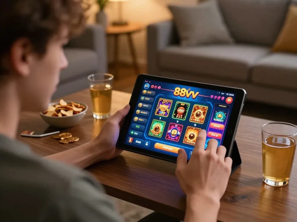 Player enjoying the 88vv app on a tablet, showcasing excitement in a cozy home setting.