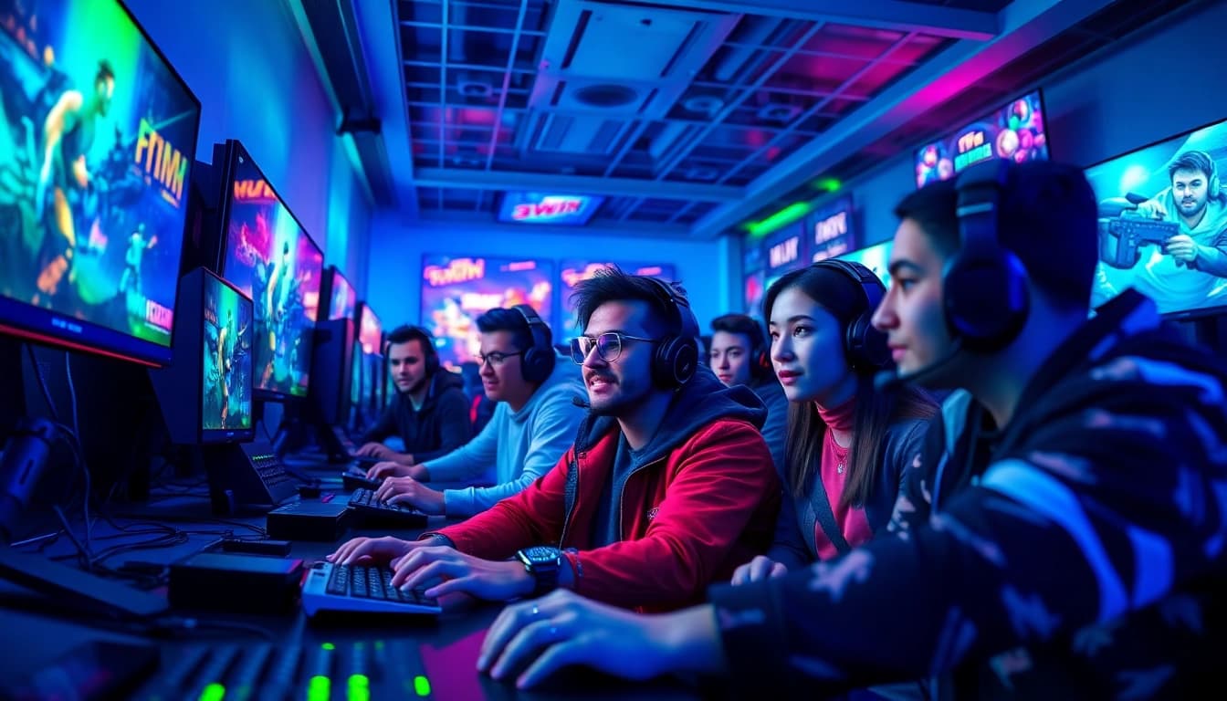 3WIN vibrant online gaming scene with diverse players immersed in high-tech gaming environment.