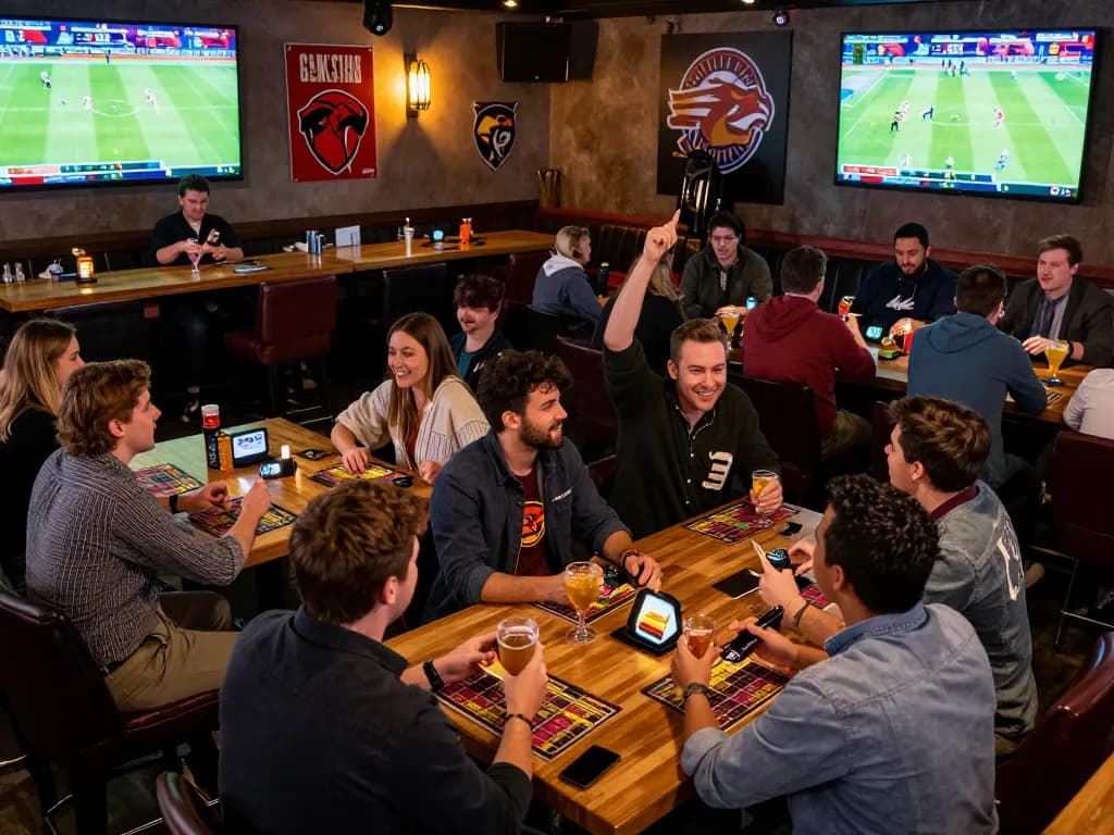 Patrons enjoying sports betting at 789win in a lively sports bar atmosphere with live games.