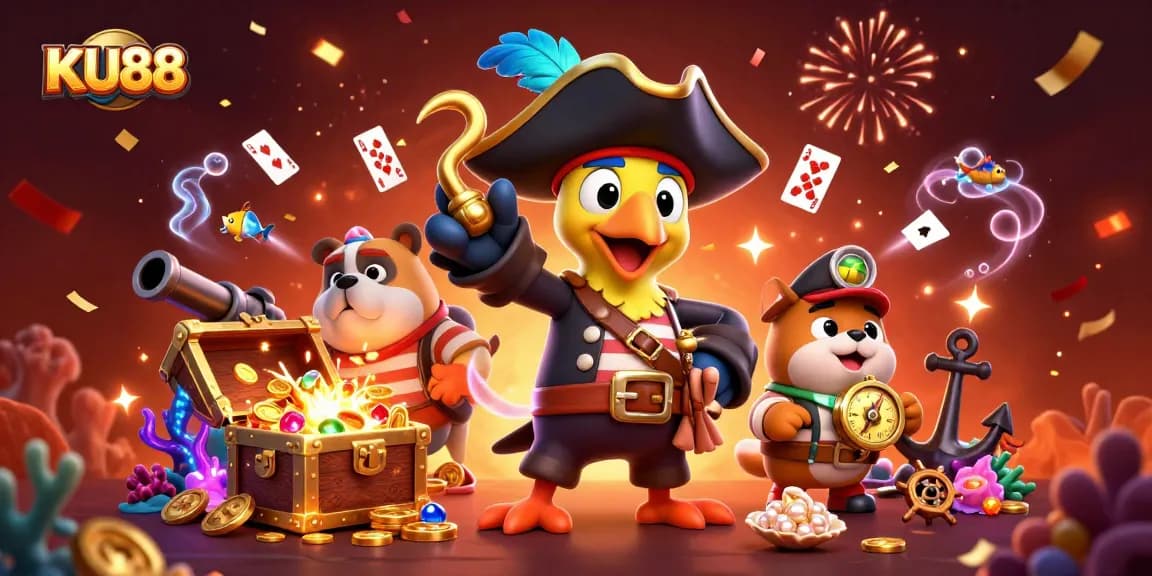 Engage in exciting games at KU88, featuring treasure-filled scenes with vibrant characters and casino elements.