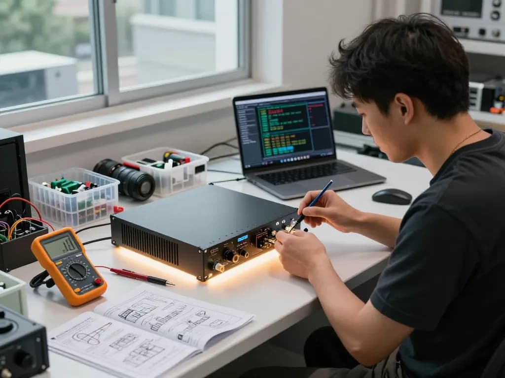TA88 amplifier assembly in a modern tech workshop with expert focus on precision tools and components.