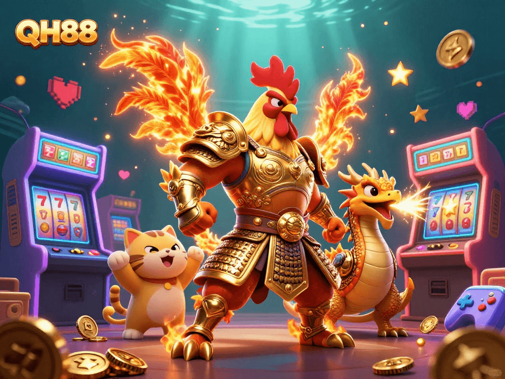 Engage with QH88's thrilling casino world through vibrant action and golden sparks.
