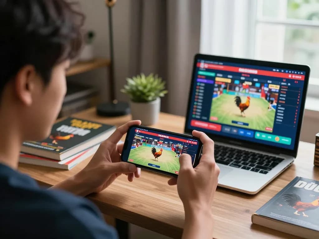 Player engaging with Đá gà thomo live matches on smartphone, showcasing online gambling strategy.