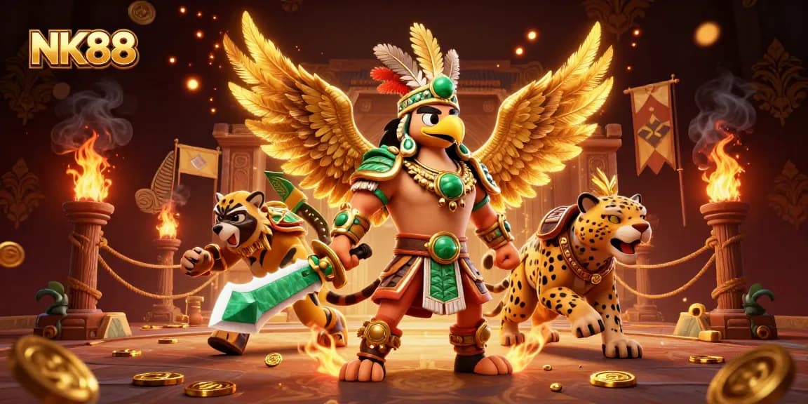 Engage in dynamic gameplay at NK88 with Aztec-themed warriors amidst swirling golden elements