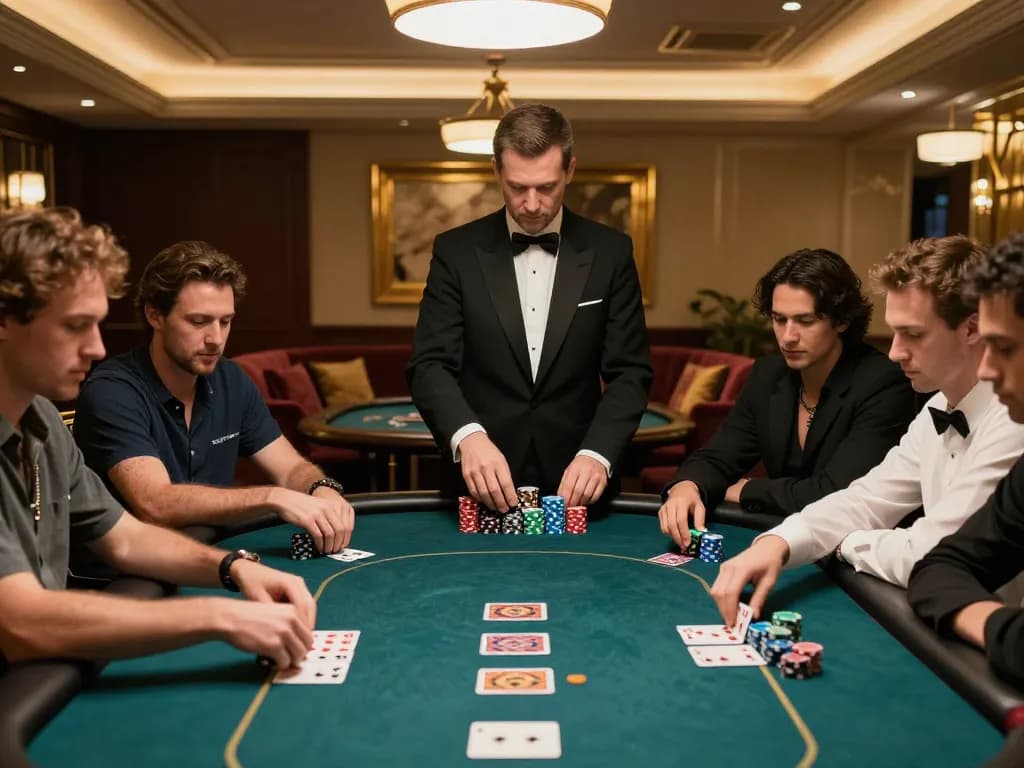 Engaged players concentrating on poker strategies at 888top in a refined casino setting.