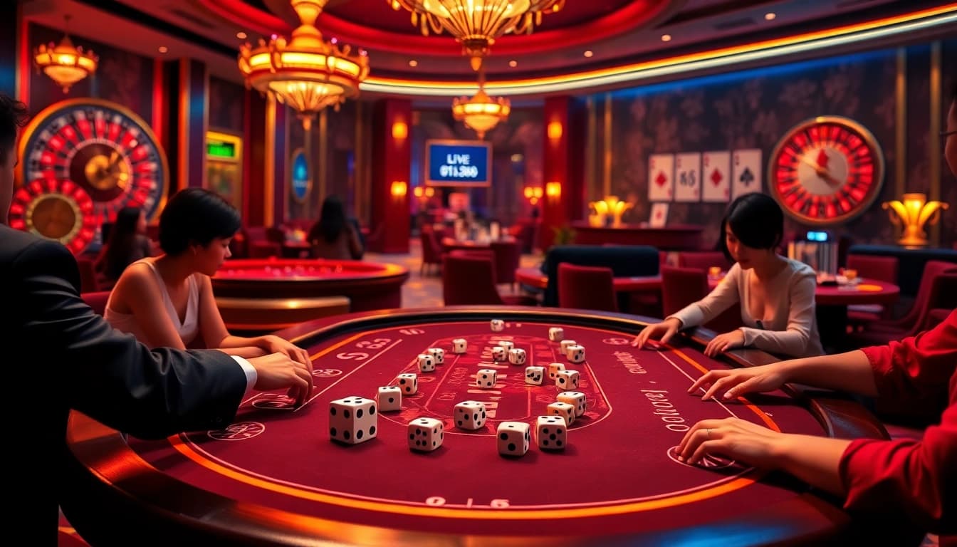 Tài xỉu MD5 game in an upscale casino, showcasing live betting and digital transparency.