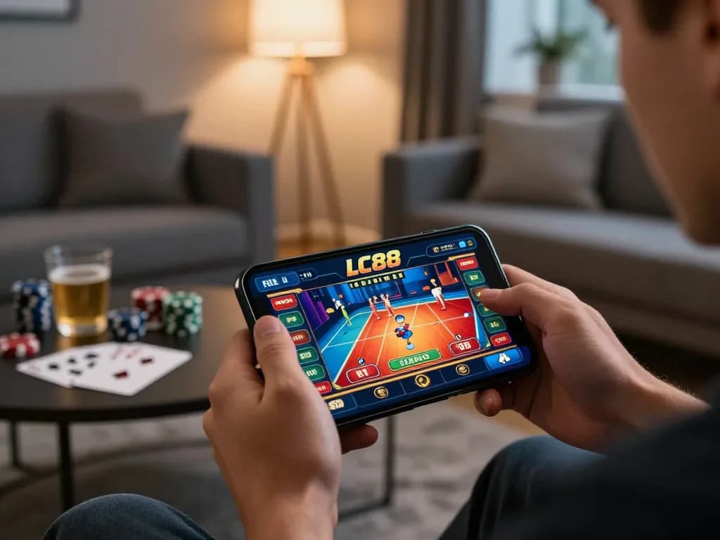 Engaged player betting on LC88 casino app, smartphone showcased, focused on winning strategies.