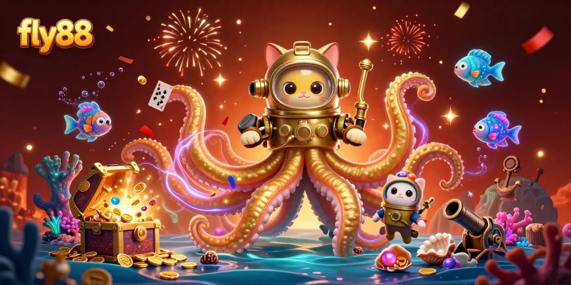 Experience thrilling gameplay at fly88 with a vibrant 3D kraken and diving cat illustration.