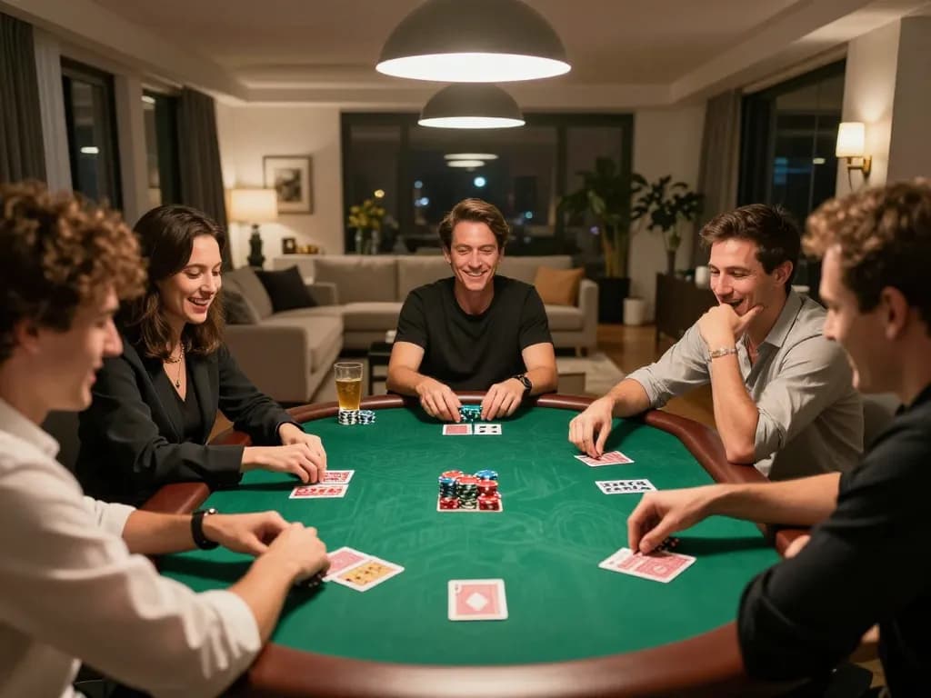 Players enjoying a strategic game of poker on kkwin's platform during a friendly home gathering.