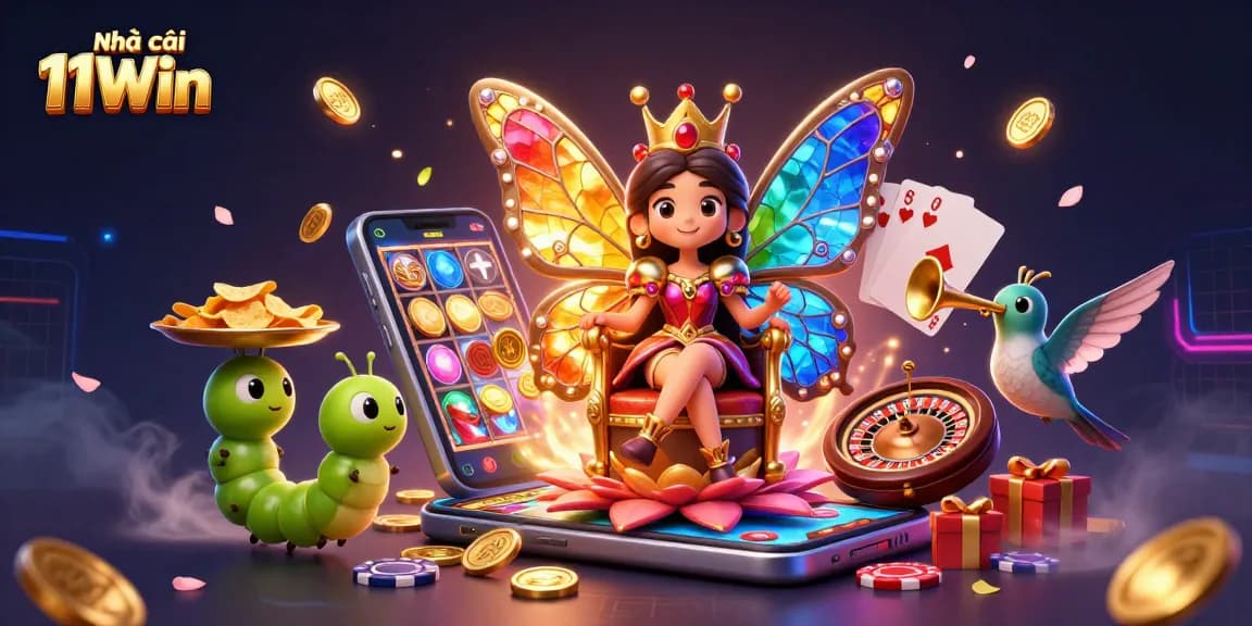 Engage with Nhà cái 11Win in this vibrant 3D casino scene featuring animated characters and gaming elements.